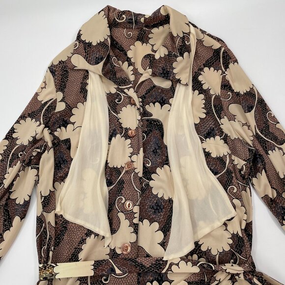 Vintage 70s Brown Printed Belted Dress | Size M-XL - Picture 4 of 11